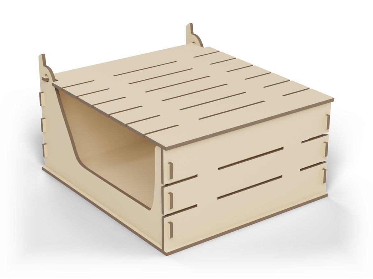 Rendu 3D du coffre en bois fait à partir des fichiers de découpe